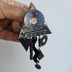 Vtg Kinetic Postmodern Brooch  dangle charm Memphis Era Abstract Enamel Copper